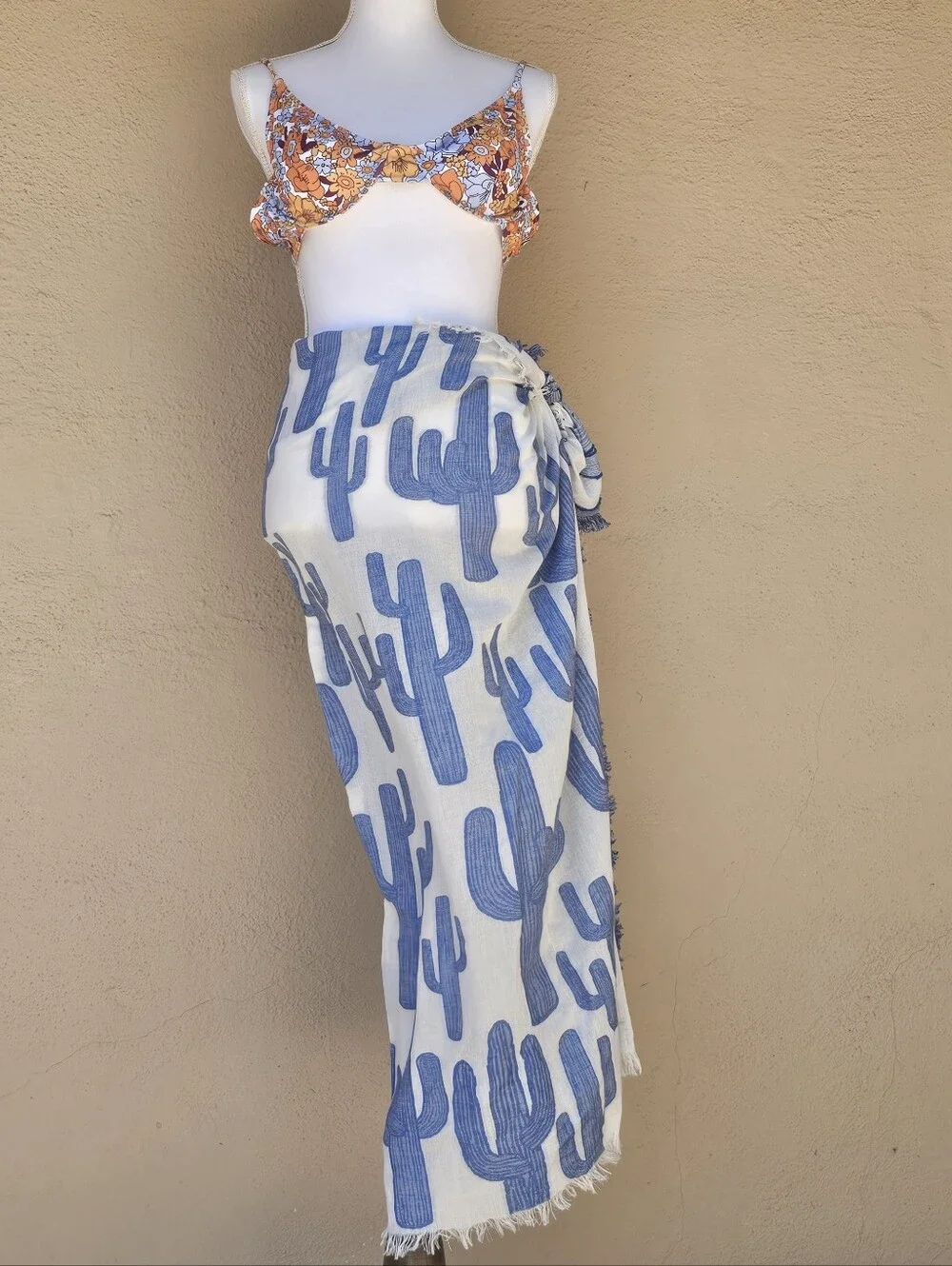 Anthropologie Novelty Blue Cactus Oversized White Square Scarf New With Tags
